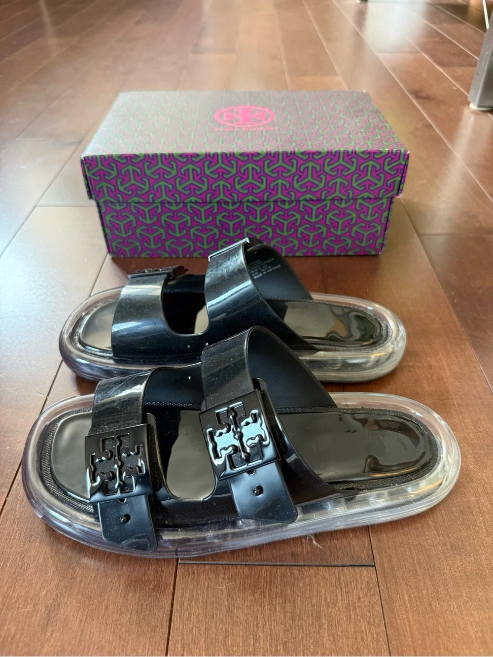Tory Burch Black Jelly Double-Buckle Slide Sandals with Clear Soles